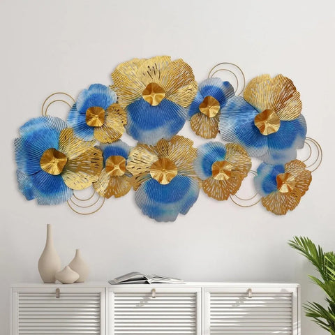 Metal Blue & Golden Flowers Decorative Wall Art (48×24 inches)