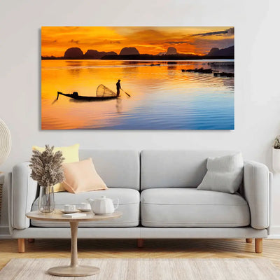 Fisherman Boat at Sunrise Canvas Wall Painting, 48x24
