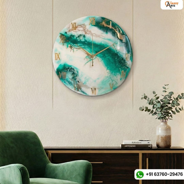 Green and Gold Abstract Epoxy Resin Wall Clock, 18 or 24 in