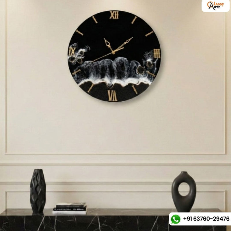 Classy Black Ocean With White Waves Resin Wall Clock