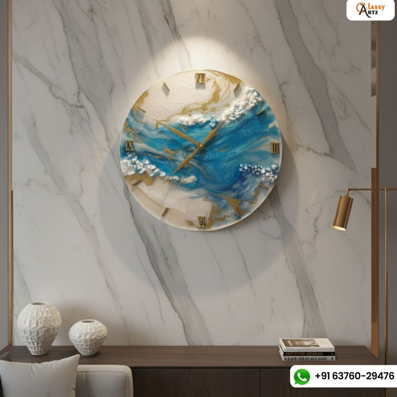 Classy Light Blue Ocean With Marble Texture Resin Wall Clock