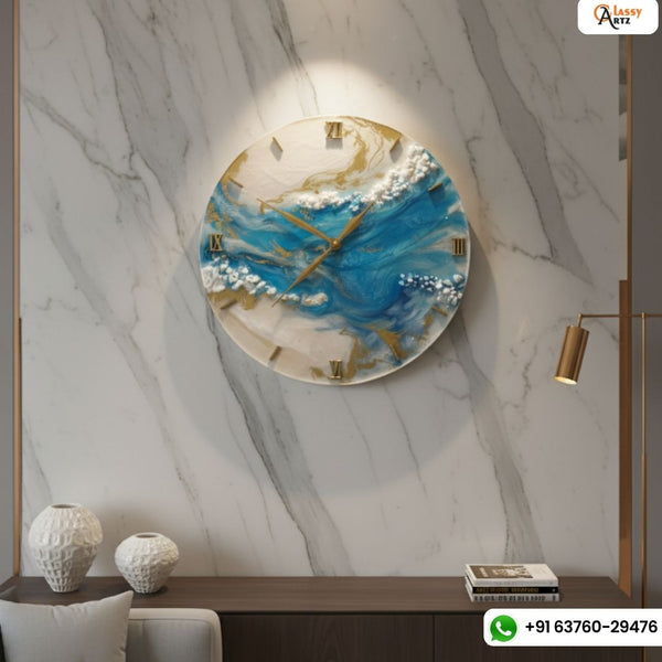 Classy Light Blue Ocean With Marble Texture Resin Wall Clock