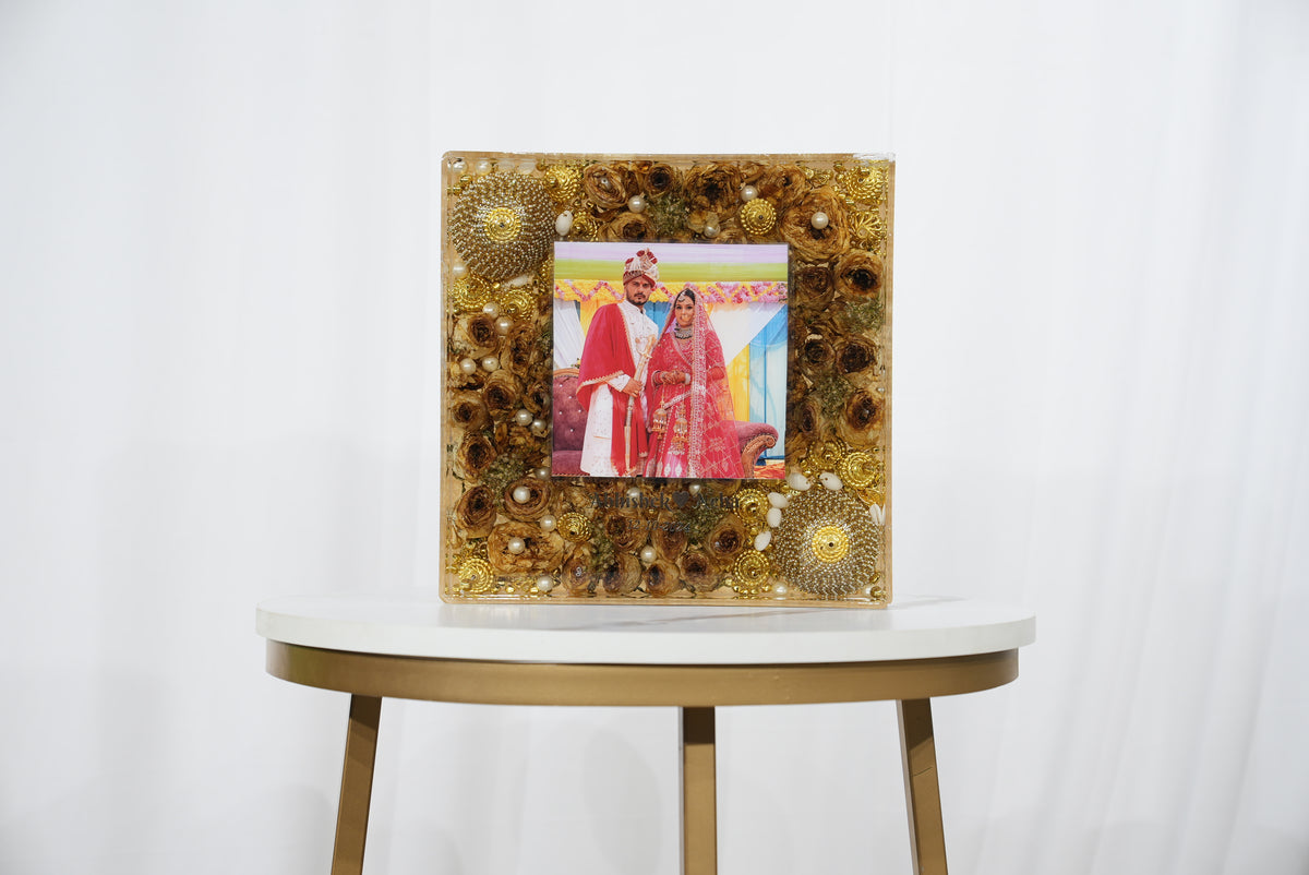 Resin 12 inch Acralic Frame with yellow flower and kaleera with couple photo and date with Pearls  Varmala preservation
