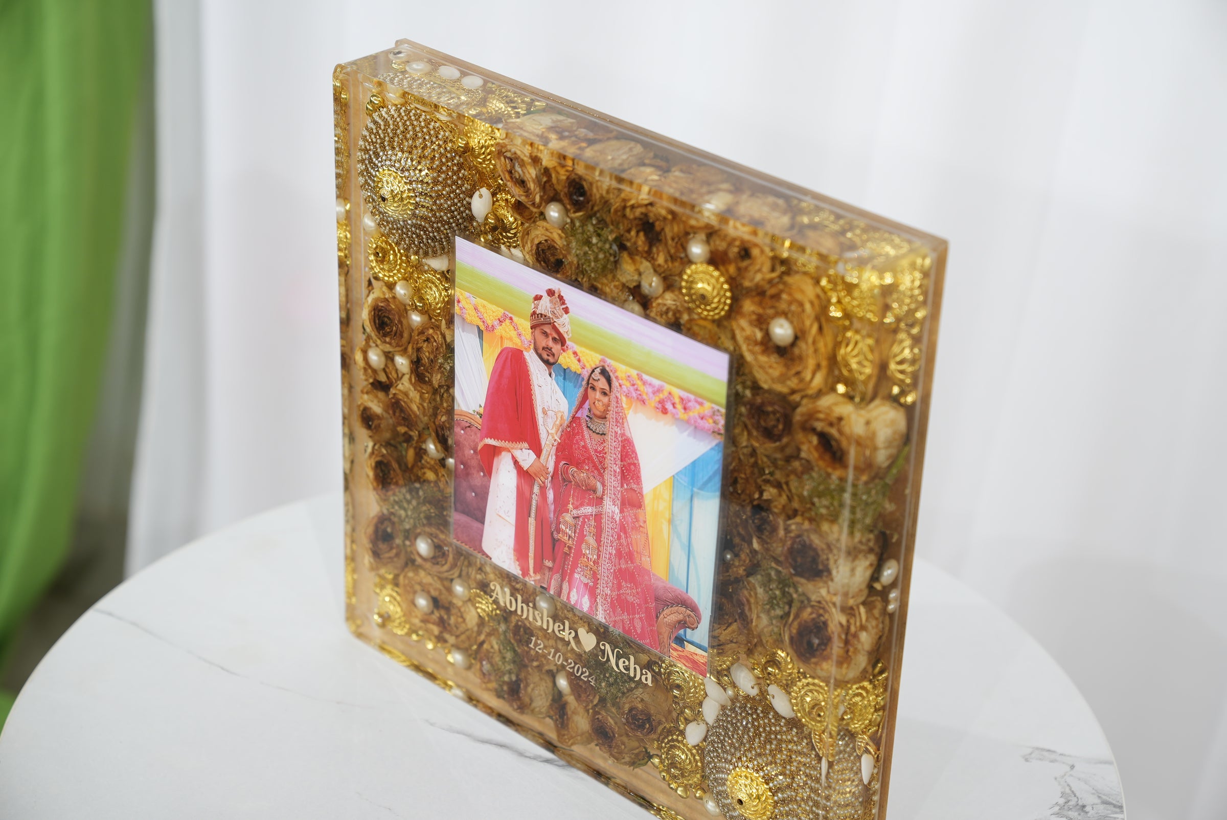 Resin 12 inch Acralic Frame with yellow flower and kaleera with couple photo and date with Pearls  Varmala preservation