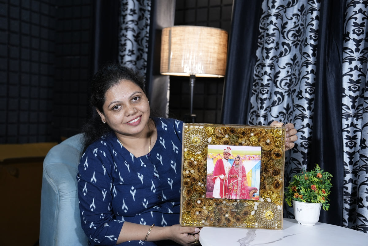 Resin 12 inch Acralic Frame with yellow flower and kaleera with couple photo and date with Pearls  Varmala preservation