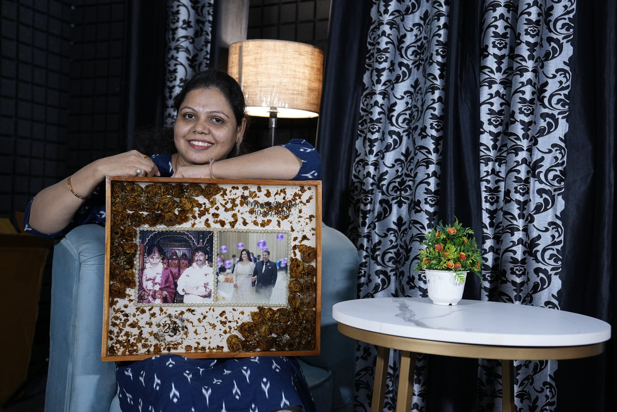 Resin 15 by 18 inch wooden frame with doule photo and pearl border with yellow flower and petales with couple Name and Date  Varmala preservation