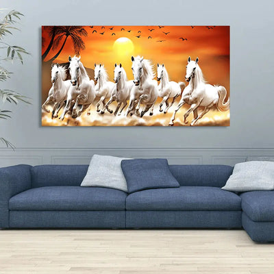 7 Running Horses Vastu Canvas Wall Painting, Big 48x24 Size