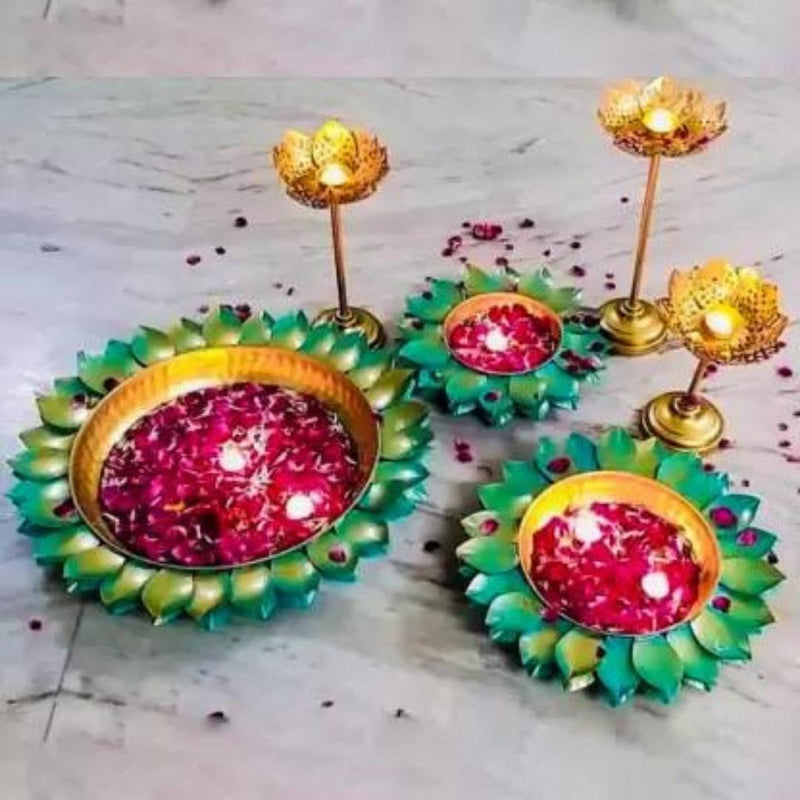 Decorative Lotus Design Colorful Urils with Tlight Stands for Wedding Decor, Festive Decor, Home Decor (Set of 3)