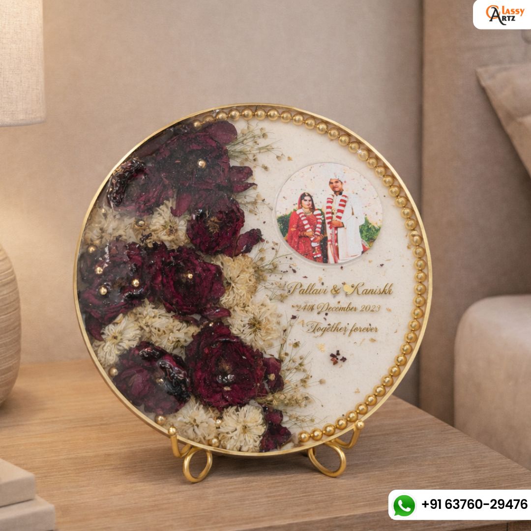 Deep Casted Varmala Flower Preserved Round Photo Frame |   Red and White Flowers Wedding Frame with Personalized Wedding Details (10-inch)