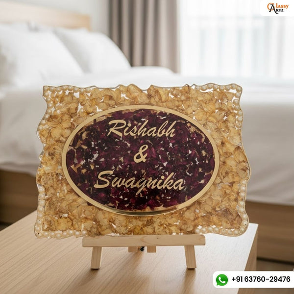 Deep-Cast Varmala Nameplate with Couple Names and Ring