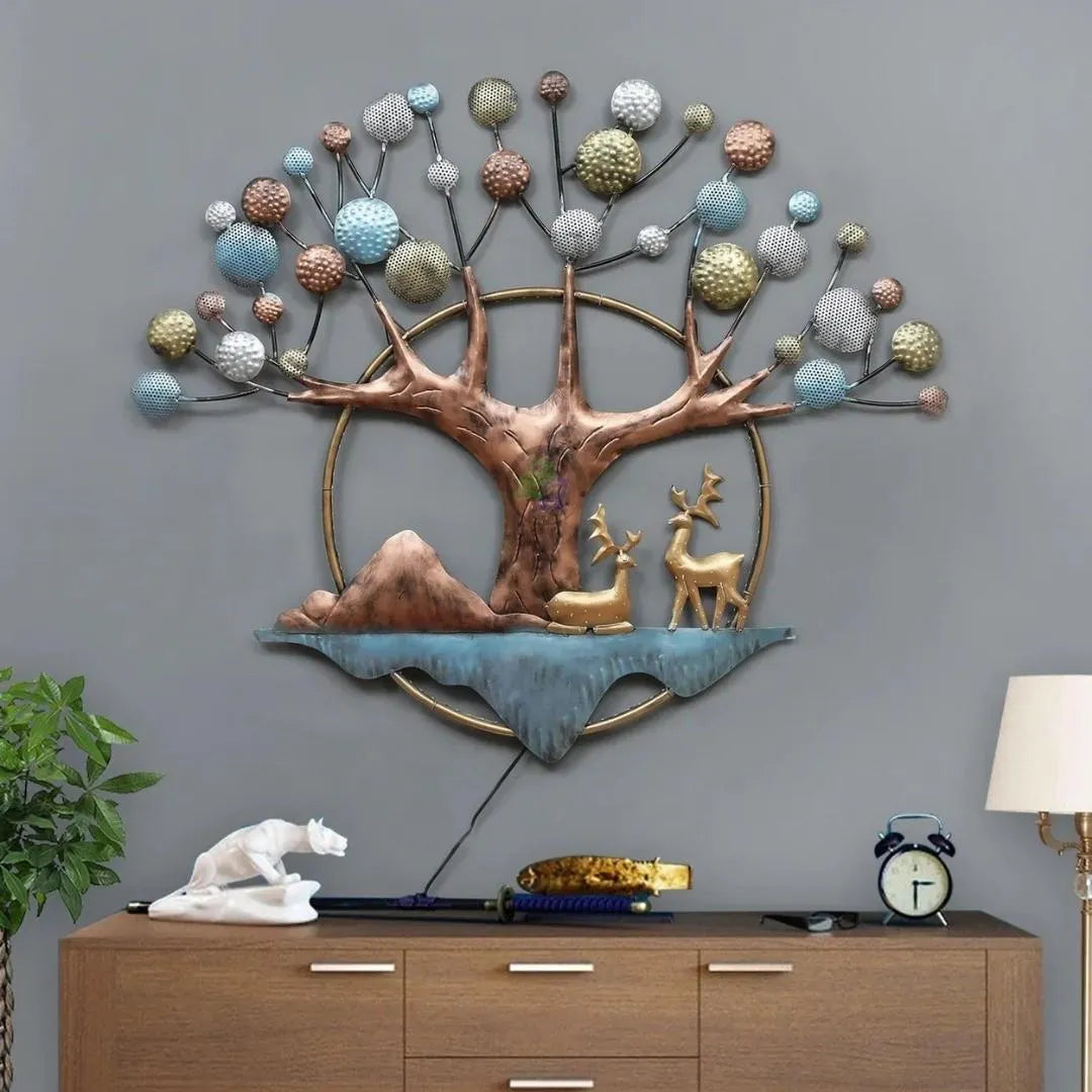 Illuminated Metal Tree & Deer Wall Art (42×36 Inches)