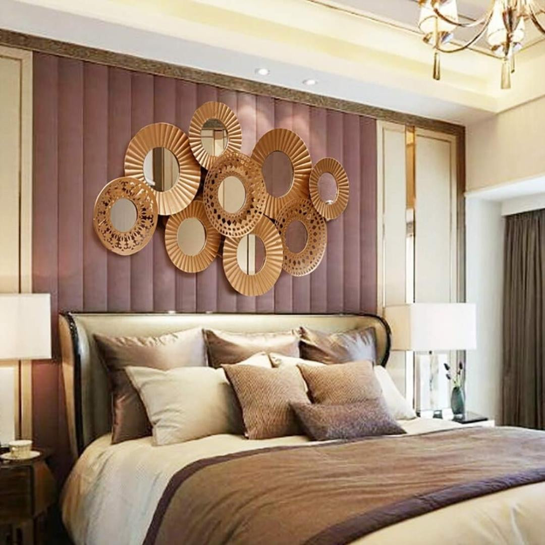Round Mirrors with Broad Golden Metal Wall Decor (48×24 Inches)