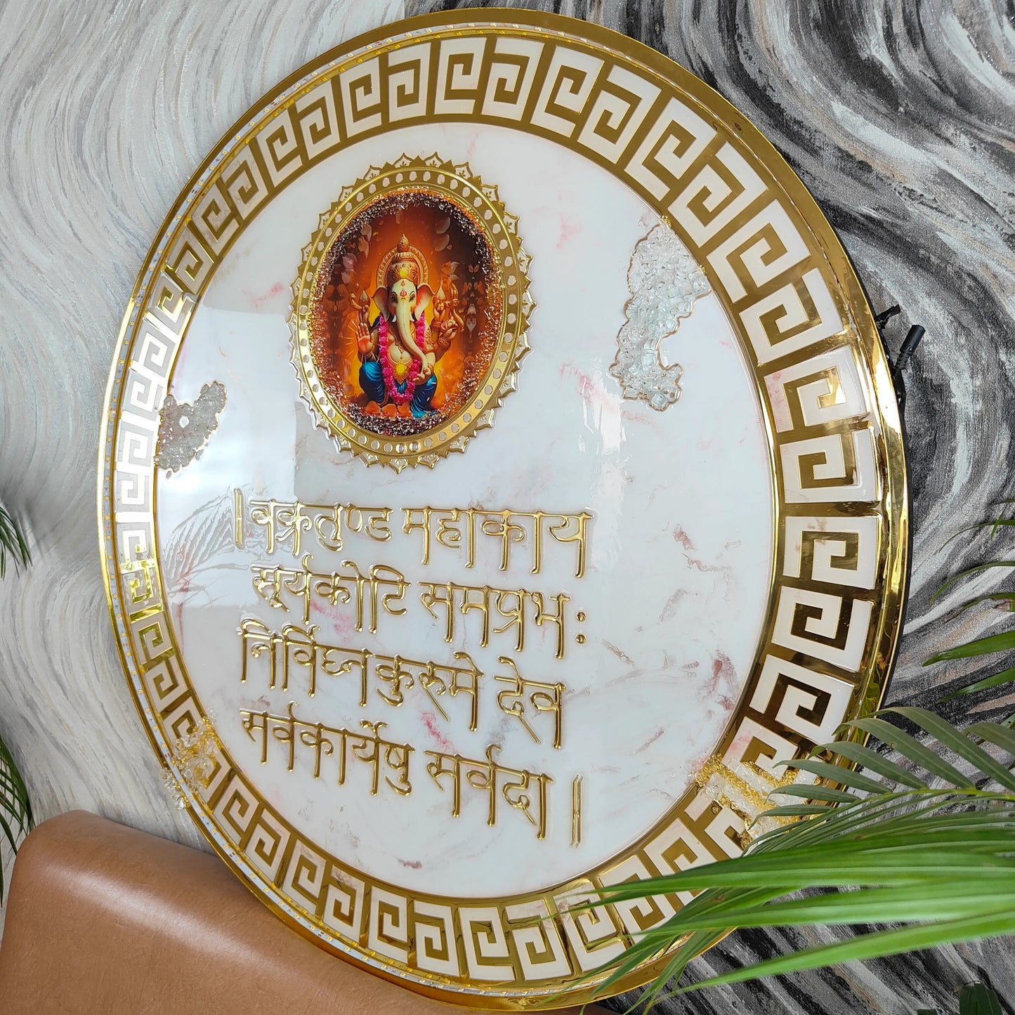 Resin Ganesha Mantra Frame with LED Lights White Marble Texture and Golden Design for Pooja Room