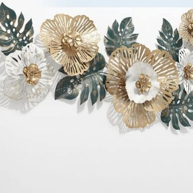 Designer Metal Wall Art: Elegant Golden White Flowers Abstract Sculpture for Stylish Home Decor