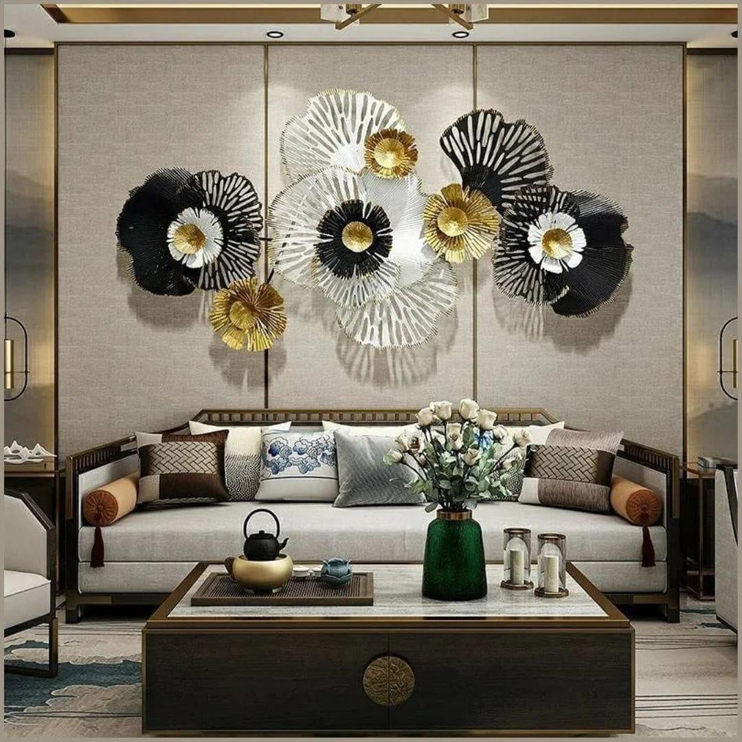 Stunning Metal Wall Art/ Abstract Leaf Design in Black and White with Central Circular Rings/ (48×24 Inches)