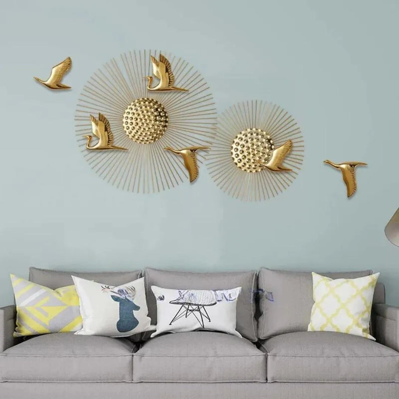 Golden Birds & Sunburst Metal Wall Art (80×27 Inches)