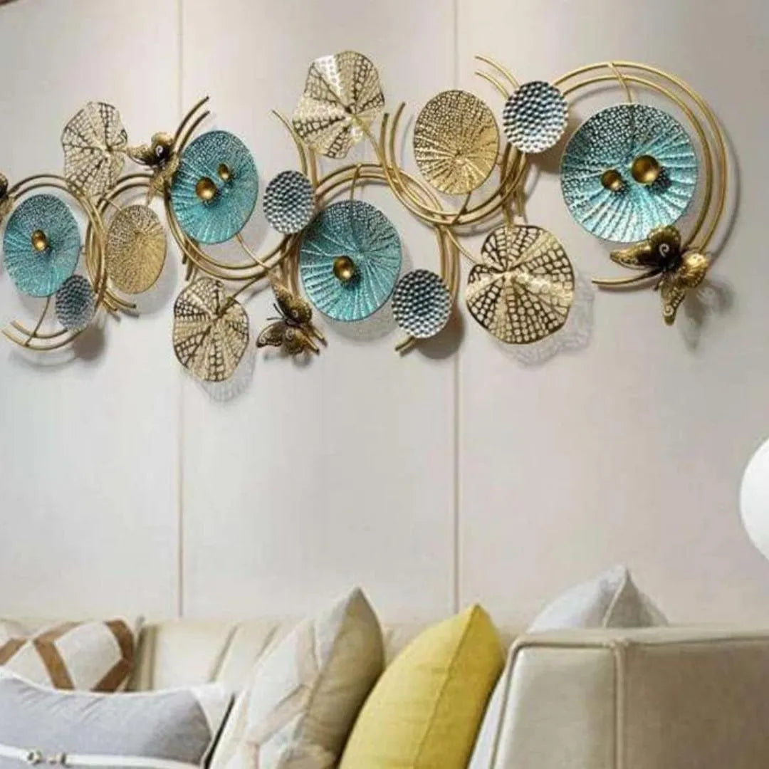 Luxury Blue & Gold Round Metal Wall Art (52×22 Inches)