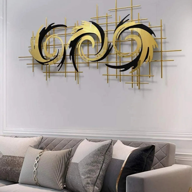 Stunning Metal Wall Art: Black Spiral Illusion with Golden Dragons C – 