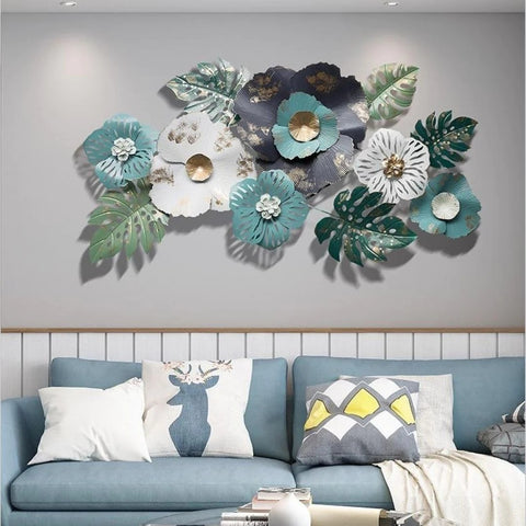 Elegant Blue & White Wild Floral Metal Wall Art Decor (48×24 Inches)
