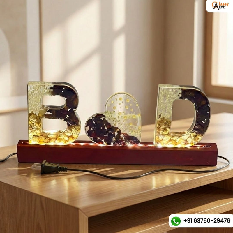 Epoxy Resin Letter Frame with Wedding Flowers | Teakwood LED Base Resin Frame