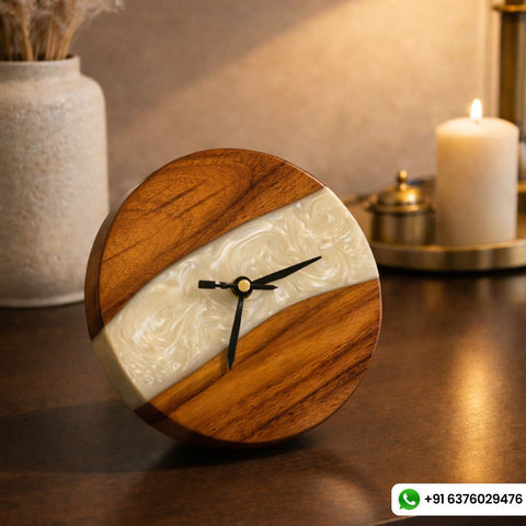 Epoxy Resin Table Clock (White And Wooden Abstract)