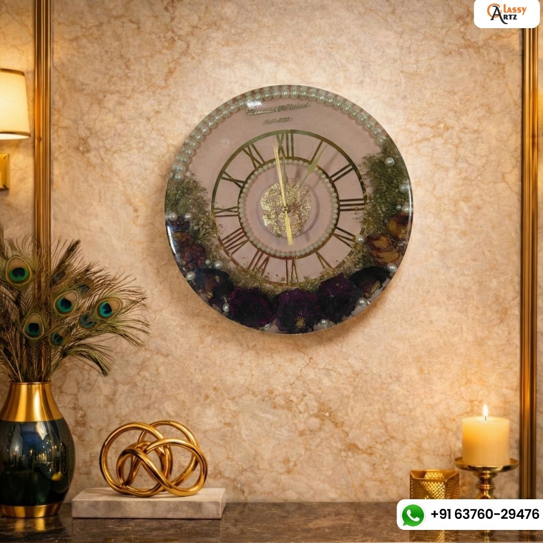12 inch varmala flower resin wall clock in grey and white