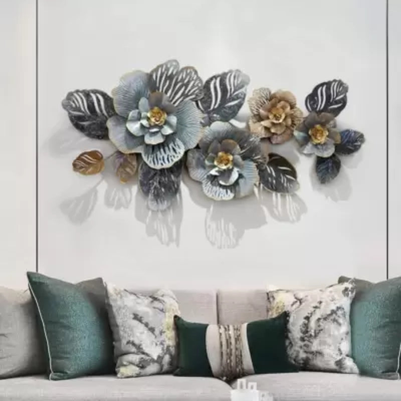 3D Metal Grey Golden Wall Art Decor with Antique Floral Elegance (48×24 Inches)- Floral Wall Art Decor