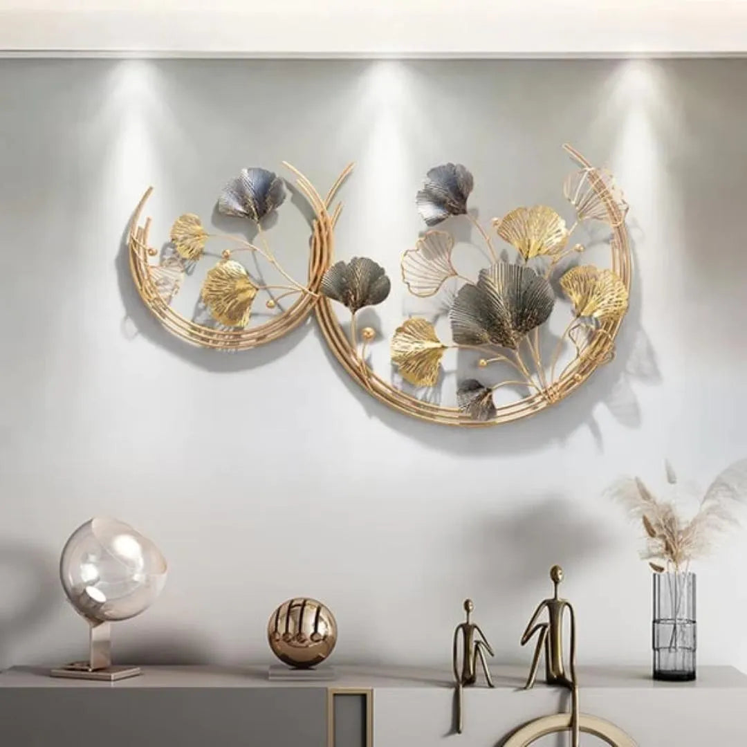 Designer Metal Wall Art: Handcrafted Golden Double Moon Ginkgo Leaf Sculpture - Multicolor Abstract Elegance (Size-48×24 Inches)