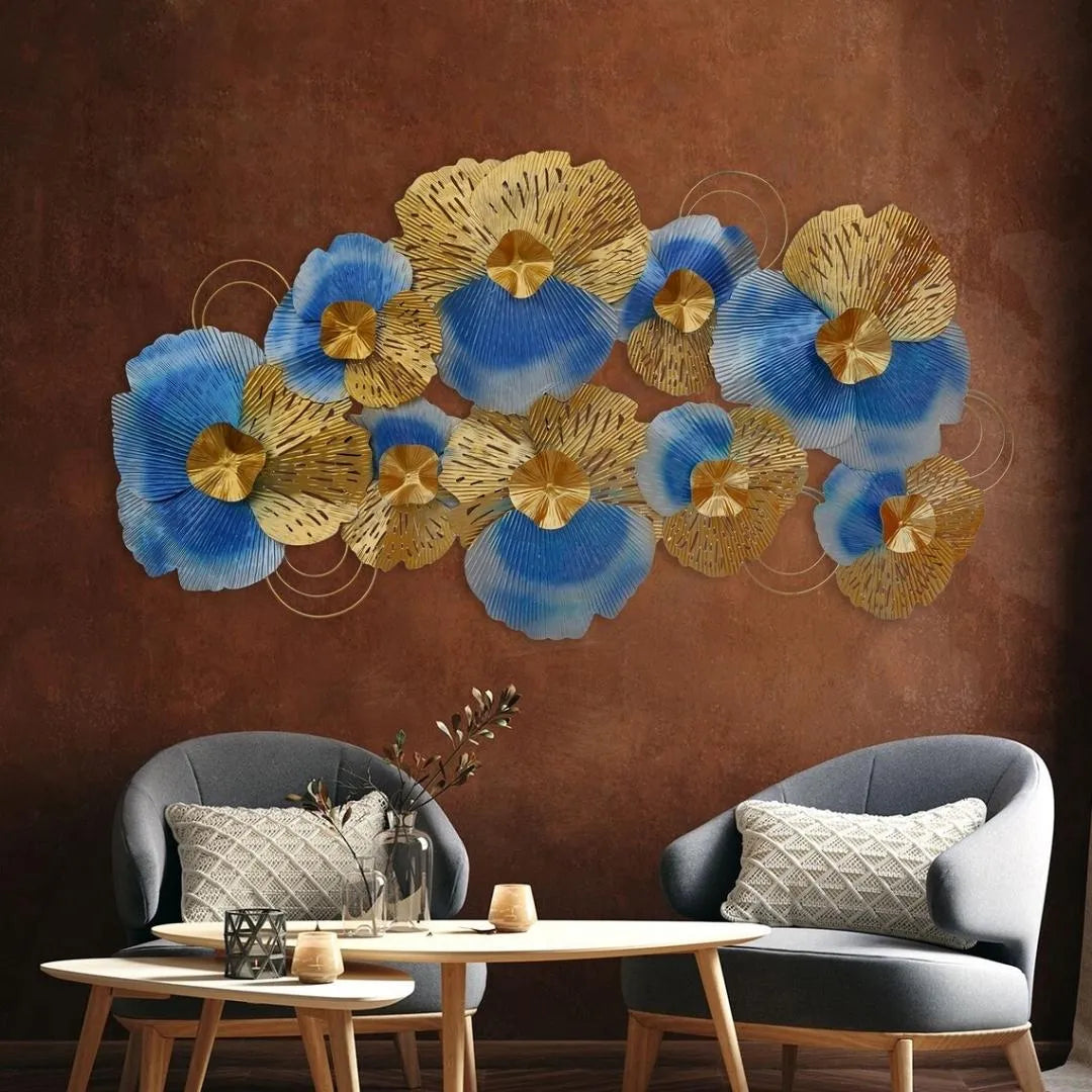 Metal Blue & Golden Flowers Decorative Wall Art (48×24 inches)