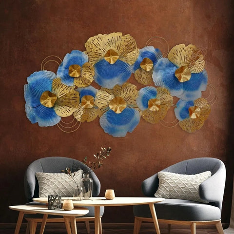 Metal Blue & Golden Flowers Decorative Wall Art (48×24 inches)