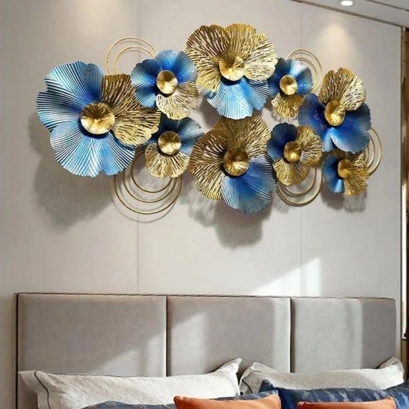 Decorative Metal Wall Sculpture: Elegant Blue and golden Iron Leaf Panel for Your Master Bedroom