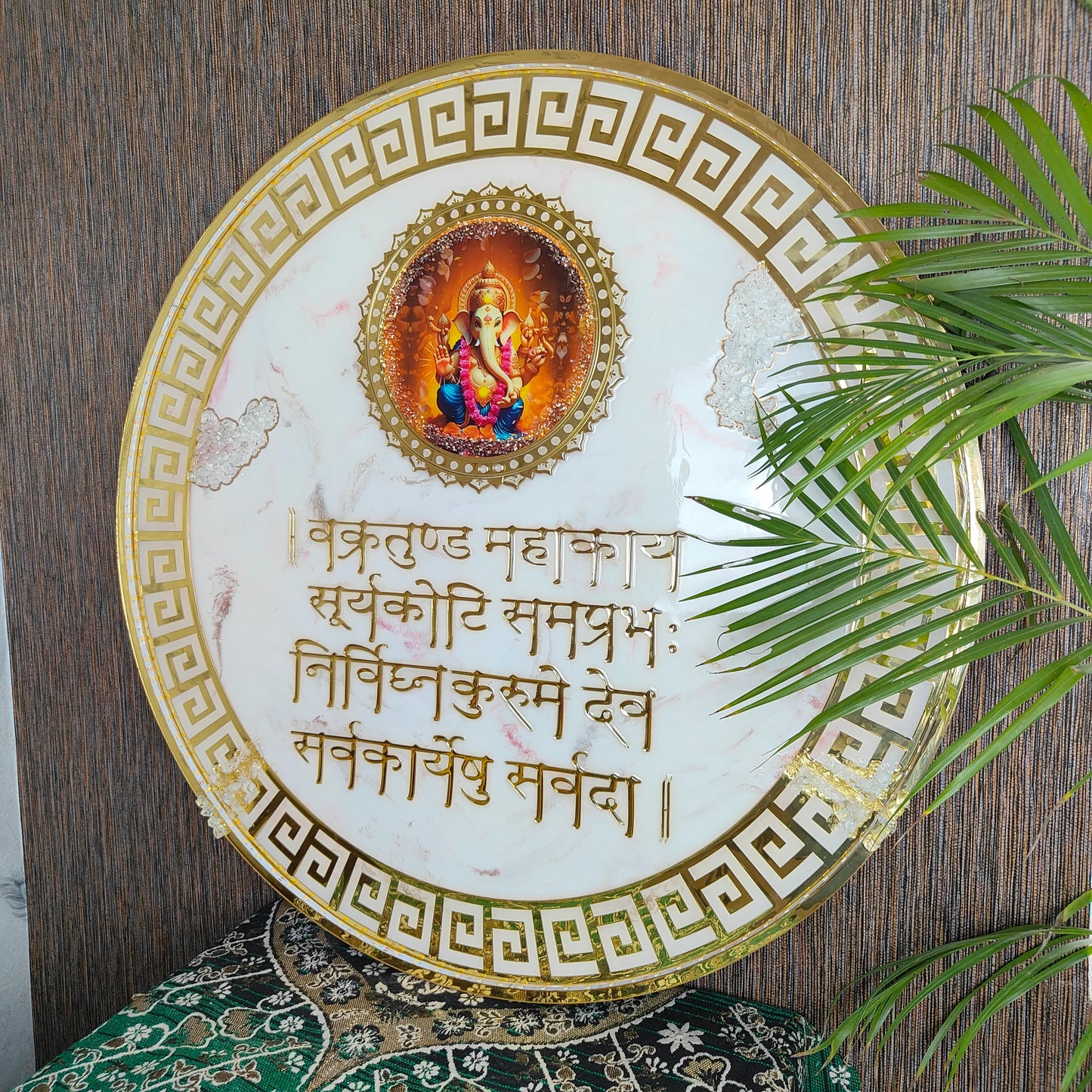 Resin Ganesha Mantra Frame with LED Lights White Marble Texture and Golden Design for Pooja Room