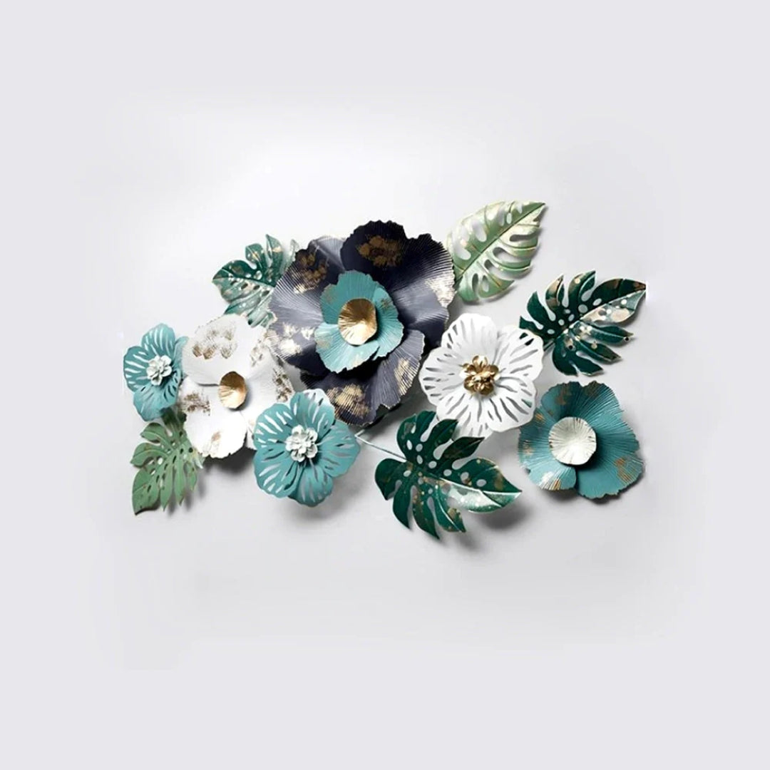 Elegant Blue & White Wild Floral Metal Wall Art Decor (48×24 Inches)
