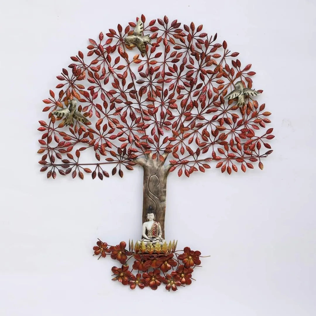 Large Reddish Leafy Tree Metal Wall Art with Buddha Idol