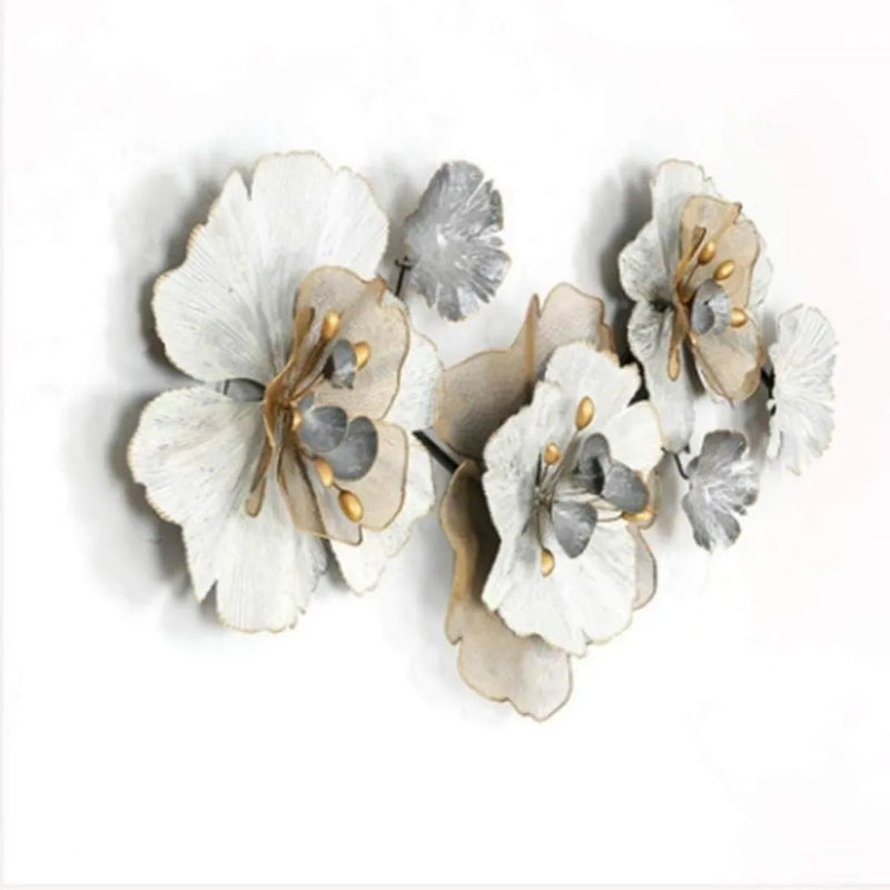 Big Light Blueish Grey & Golden Metal Floral Wall Art (48x24 Inches)