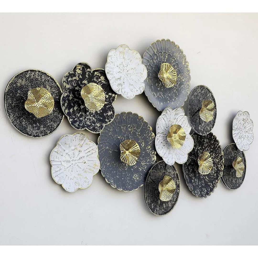 Golden & Grey Floral Circles Metal Wall Art (60×30 Inches)