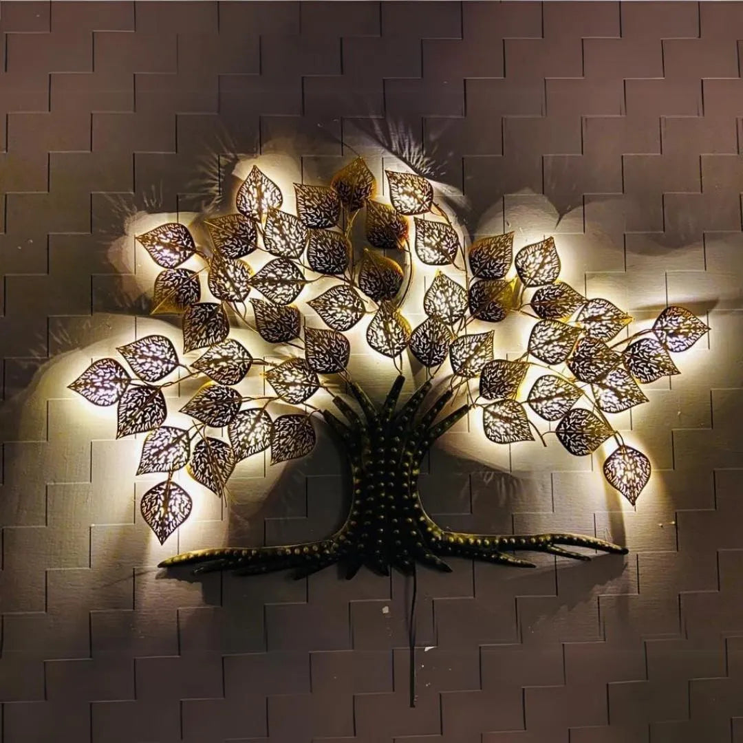 Metallic Golden Leaves Tree Wall Art with LED Lights (50"×36")