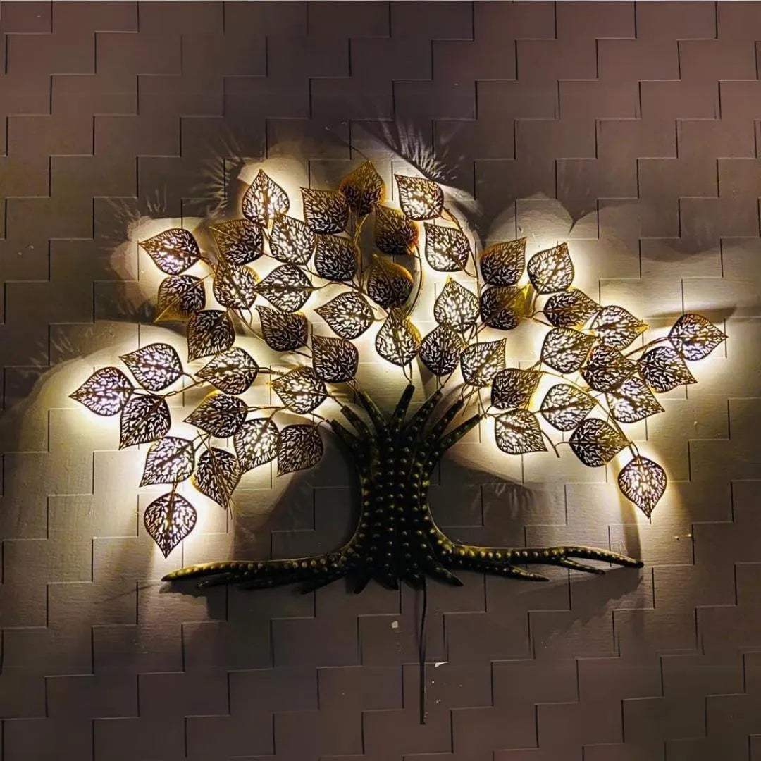 Metallic Golden leaves Tree with Led Lights (50"×36") - Best for Wall Decor, Staircase, Living Room