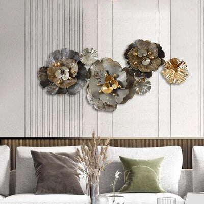 Giant Golden Flowers Metal Wall Hanging (48×24 Inches)