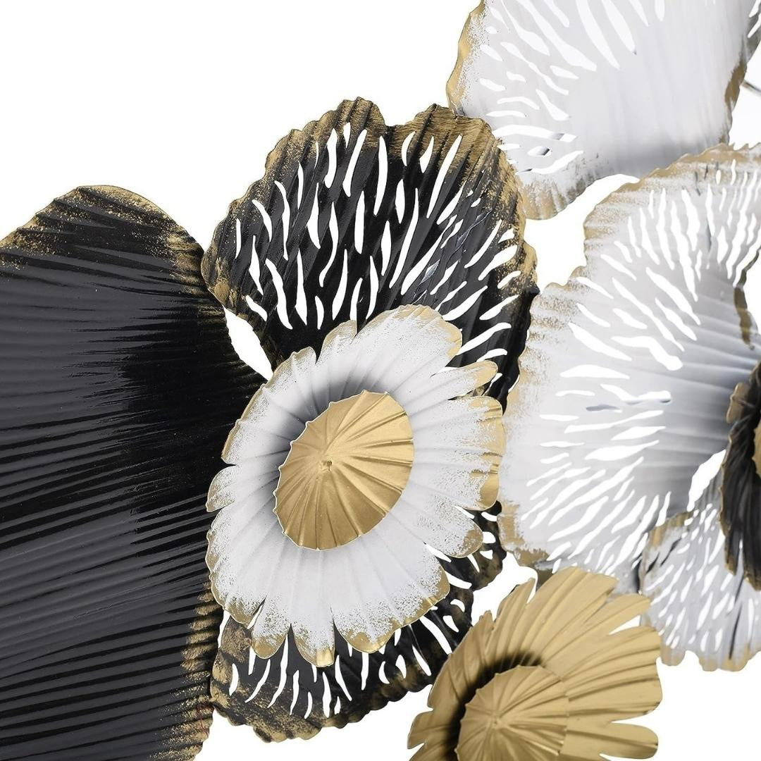 Stunning Metal Wall Art/ Abstract Leaf Design in Black and White with Central Circular Rings/ (48×24 Inches)