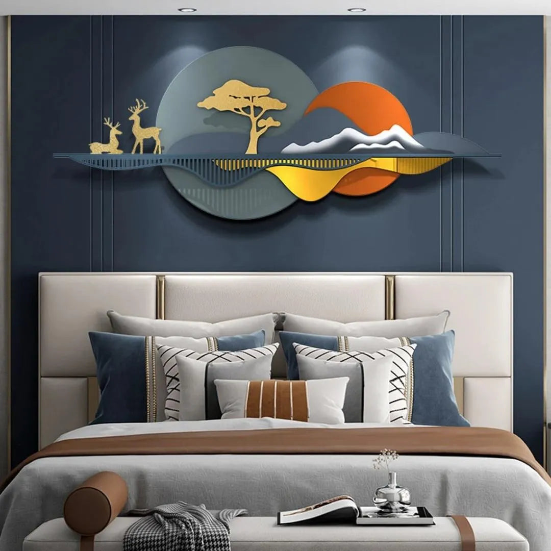 Sunset Mountain & Deer Metal Wall Art (52×24 Inches)