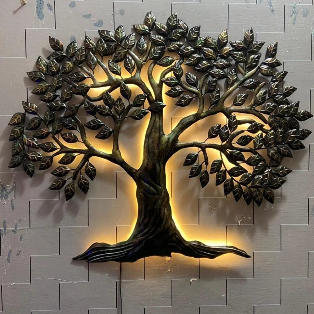 Dark Green Tree Metal Wall Art with LED (38×31 Inches)