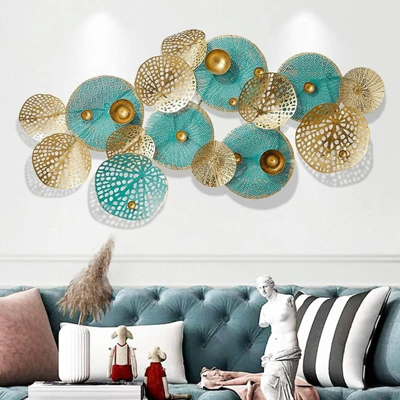 Designer Metal Wall Art: Three-Dimensional Blue & Golden Flowers Decoration - Unique Iron Wall Sculpture for Stylish Interiors (Size-60×30 Inches)