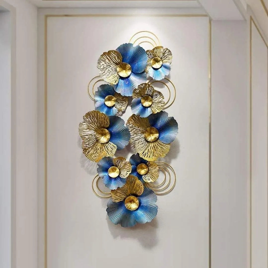 Metal Blue & Golden Flowers Decorative Wall Art (48×24 inches)