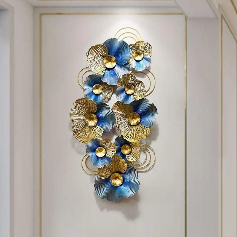 Decorative Metal Wall Sculpture: Elegant Blue and golden Iron Leaf Panel for Your Master Bedroom