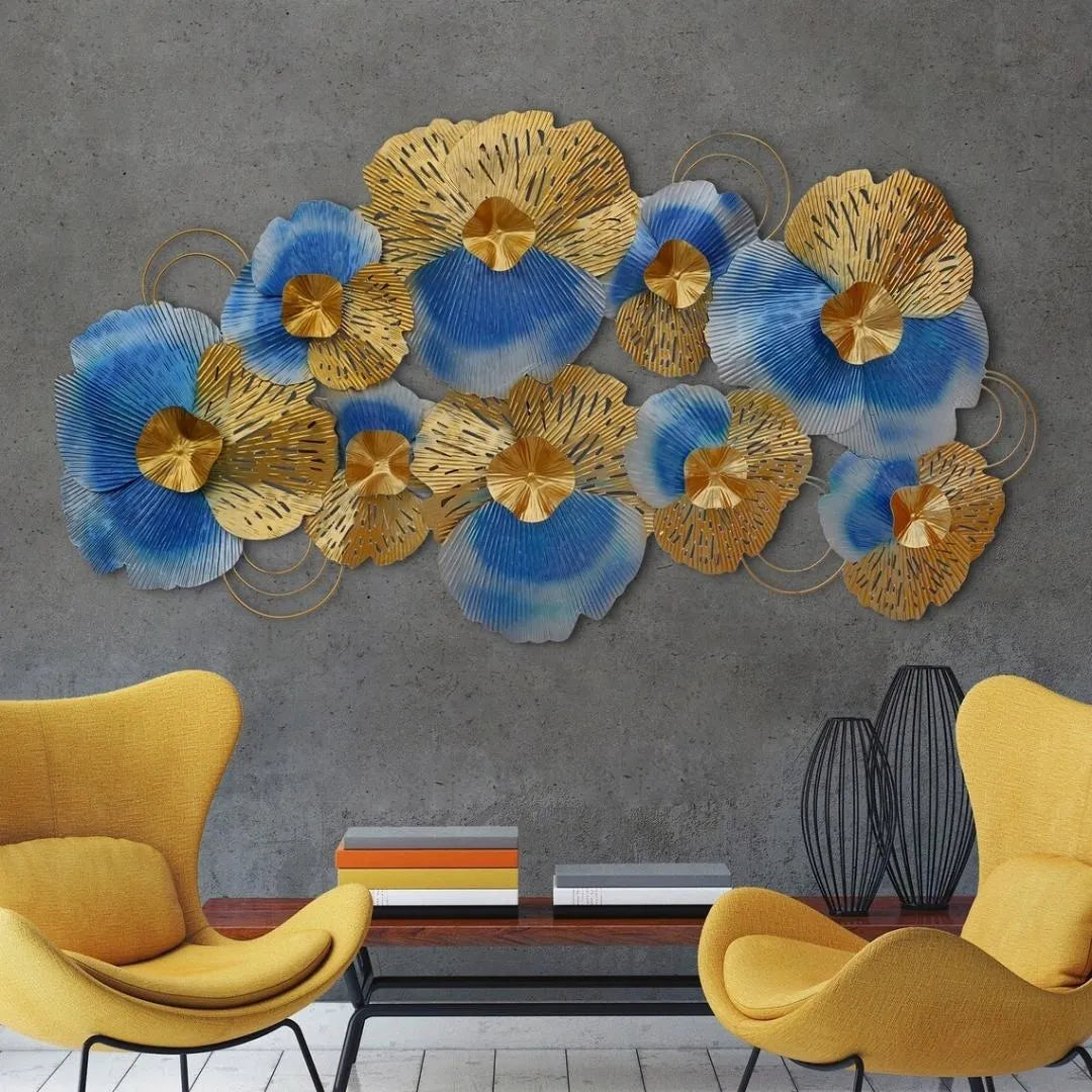 Decorative Metal Wall Sculpture: Elegant Blue and golden Iron Leaf Panel for Your Master Bedroom