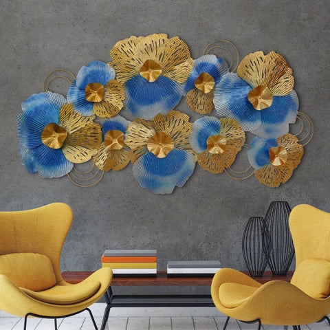 Metal Blue & Golden Flowers Decorative Wall Art (48×24 inches)