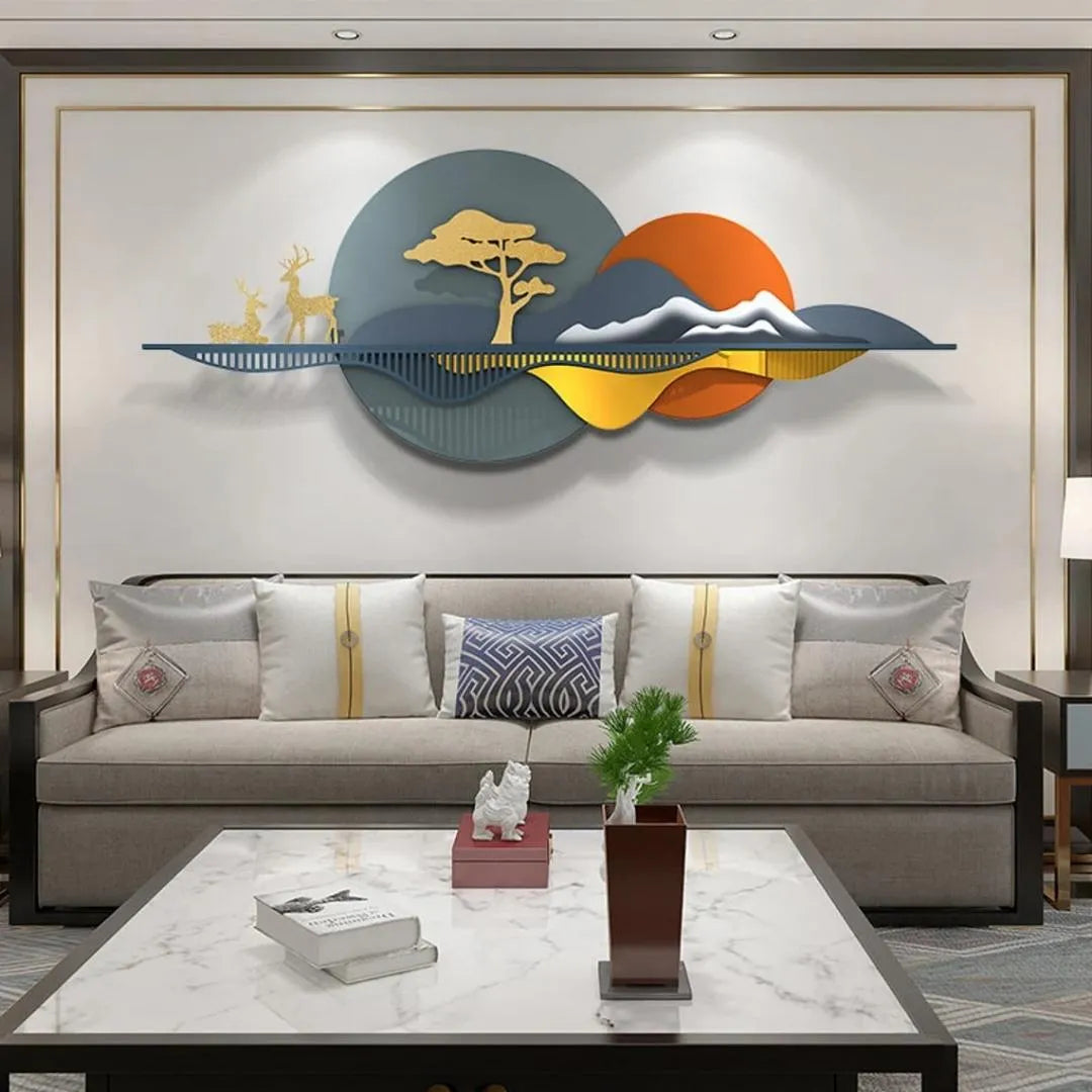 Sunset Mountain & Deer Metal Wall Art (52×24 Inches)