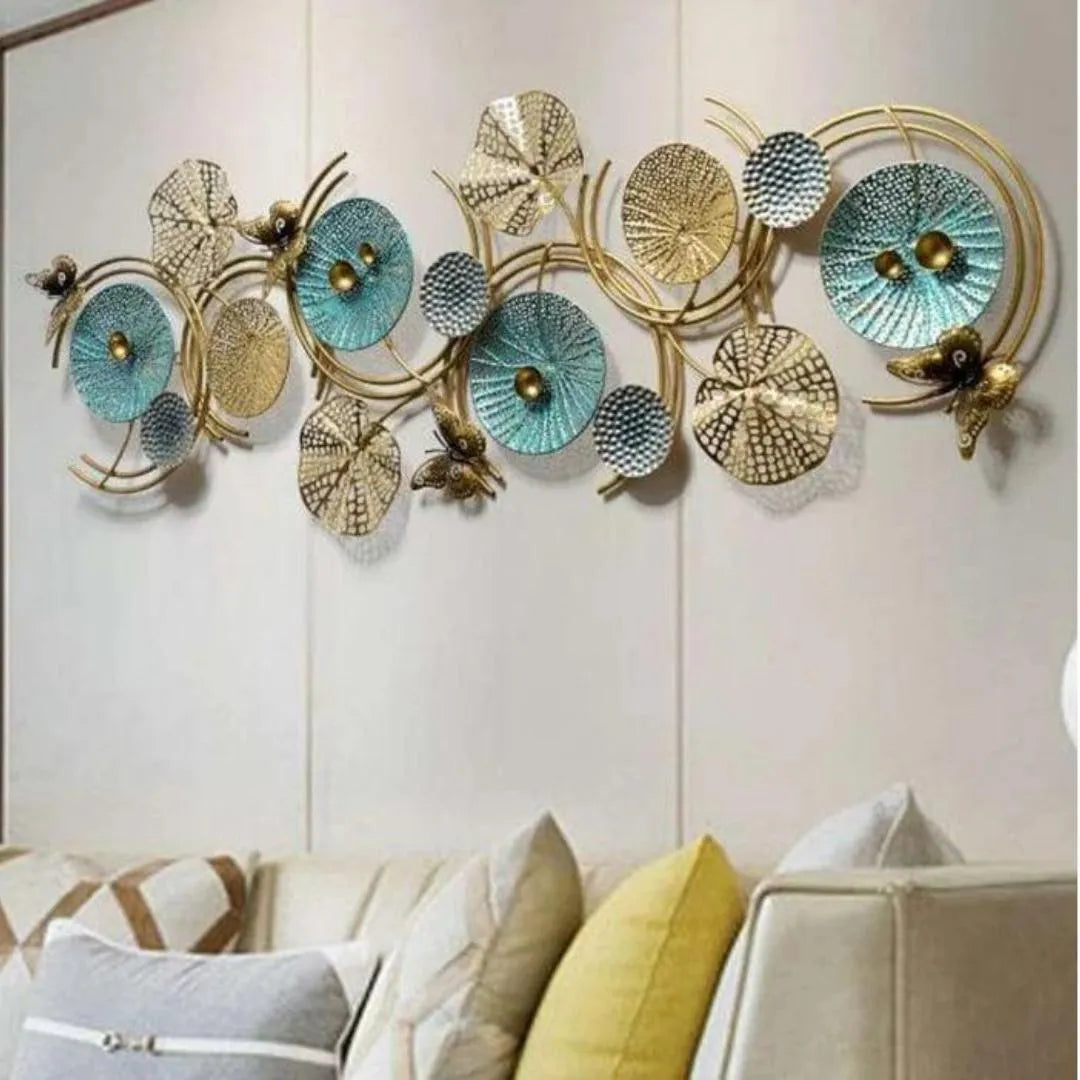 Luxury Blue & Gold Round Metal Wall Art (52×22 Inches)