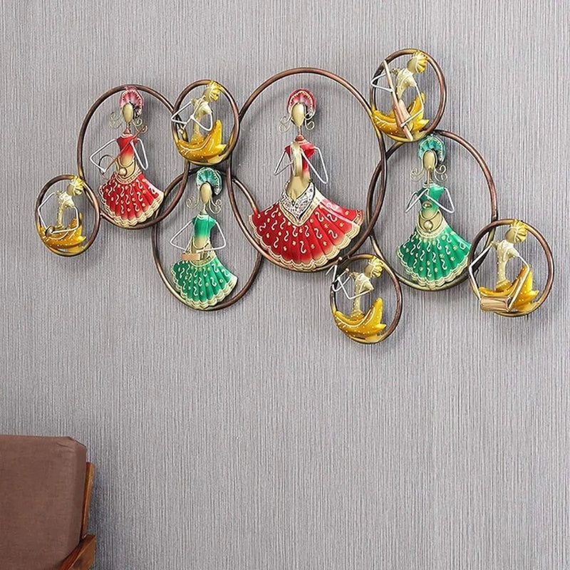 Traditional Dancing Doll Wall Art: Metal Marwari Musicians with LED Lights (54×24 Inches)